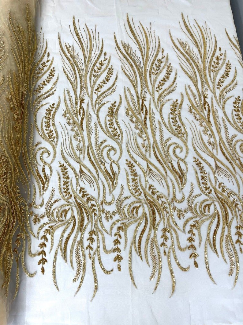 Phoenix Feather Beaded Lace Hand Beaded Lace Fabric - Gold, Hunter Green, Beige, Blush Pink, Ivory, Lavender, Red, Royal Blue, Silver, Black, 54" Width (1 Yard)