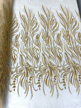 Phoenix Feather Beaded Lace Hand Beaded Lace Fabric - Gold, Hunter Green, Beige, Blush Pink, Ivory, Lavender, Red, Royal Blue, Silver, Black, 54" Width (1 Yard)