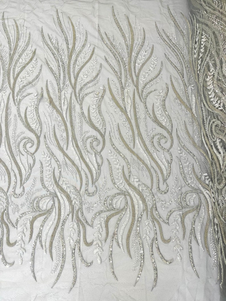 Phoenix Feather Beaded Lace Hand Beaded Lace Fabric - Gold, Hunter Green, Beige, Blush Pink, Ivory, Lavender, Red, Royal Blue, Silver, Black, 54" Width (1 Yard)