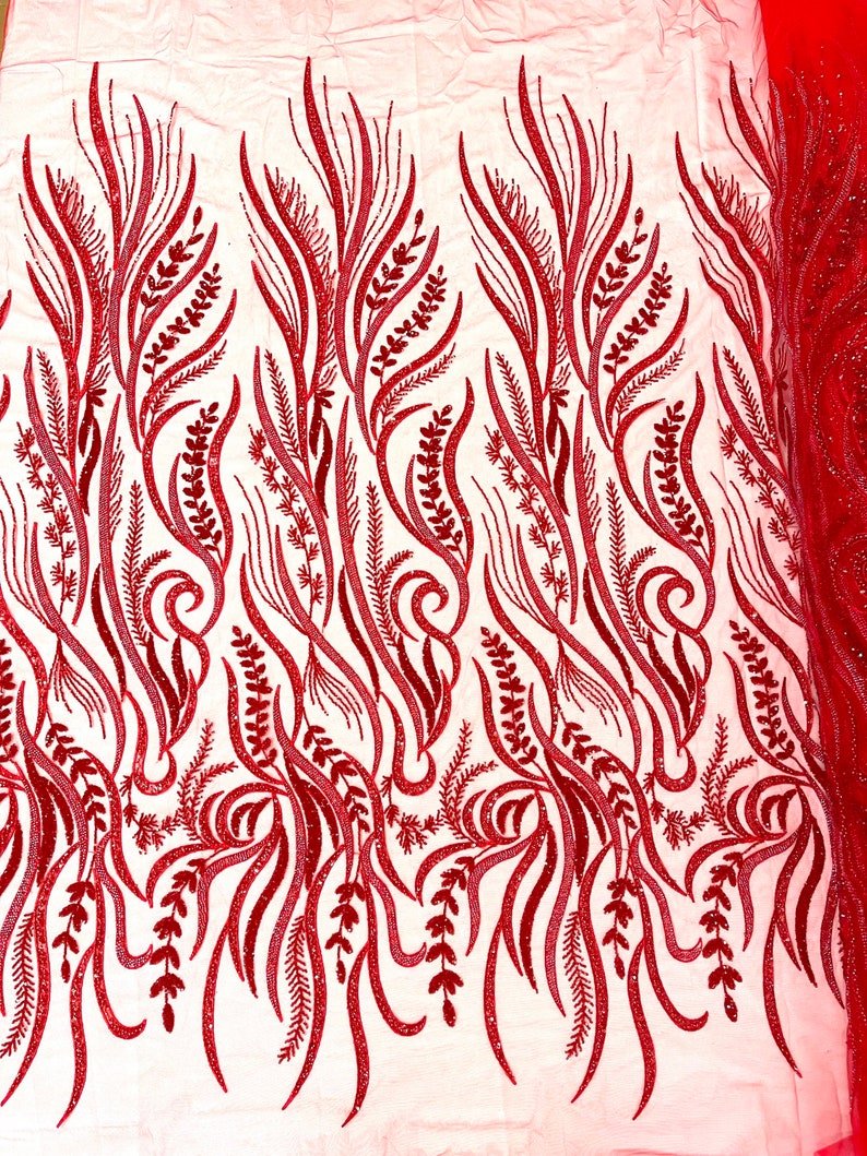 Phoenix Feather Beaded Lace Hand Beaded Lace Fabric - Gold, Hunter Green, Beige, Blush Pink, Ivory, Lavender, Red, Royal Blue, Silver, Black, 54" Width (1 Yard)