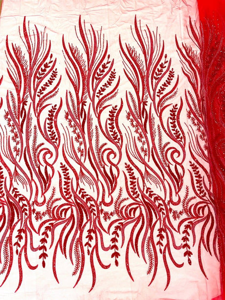 Phoenix Feather Beaded Lace Hand Beaded Lace Fabric - Gold, Hunter Green, Beige, Blush Pink, Ivory, Lavender, Red, Royal Blue, Silver, Black, 54" Width (1 Yard)