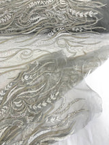 Phoenix Feather Beaded Lace Hand Beaded Lace Fabric - Gold, Hunter Green, Beige, Blush Pink, Ivory, Lavender, Red, Royal Blue, Silver, Black, 54" Width (1 Yard)