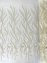 Phoenix Feather Beaded Lace Hand Beaded Lace Fabric - Gold, Hunter Green, Beige, Blush Pink, Ivory, Lavender, Red, Royal Blue, Silver, Black, 54" Width (1 Yard)