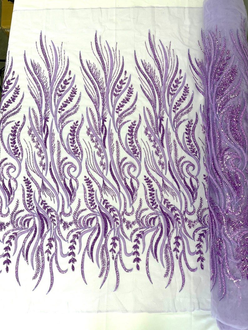 Phoenix Feather Beaded Lace Hand Beaded Lace Fabric - Gold, Hunter Green, Beige, Blush Pink, Ivory, Lavender, Red, Royal Blue, Silver, Black, 54" Width (1 Yard)
