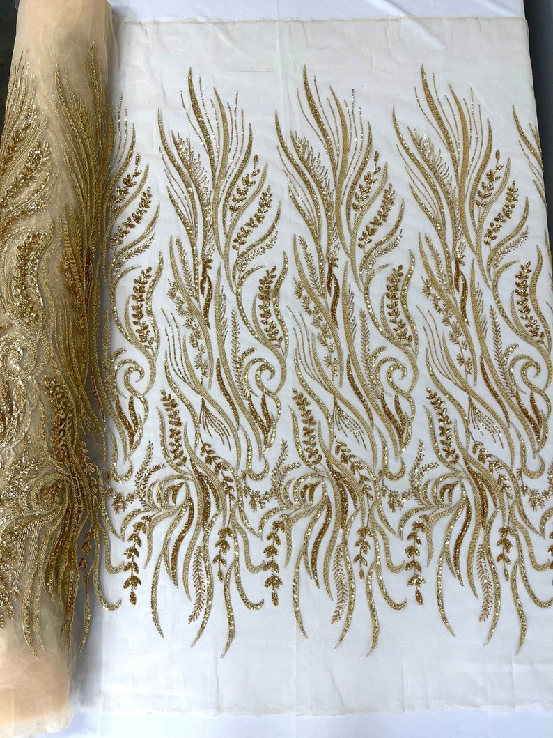 Phoenix Feather Beaded Lace Hand Beaded Lace Fabric - Gold, Hunter Green, Beige, Blush Pink, Ivory, Lavender, Red, Royal Blue, Silver, Black, 54" Width (1 Yard)