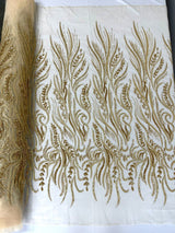 Phoenix Feather Beaded Lace Hand Beaded Lace Fabric - Gold, Hunter Green, Beige, Blush Pink, Ivory, Lavender, Red, Royal Blue, Silver, Black, 54" Width (1 Yard)