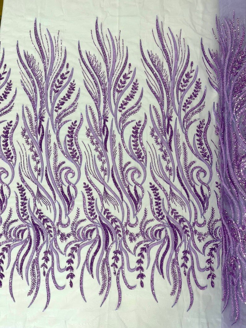 Phoenix Feather Beaded Lace Hand Beaded Lace Fabric - Gold, Hunter Green, Beige, Blush Pink, Ivory, Lavender, Red, Royal Blue, Silver, Black, 54" Width (1 Yard)
