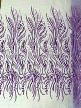 Phoenix Feather Beaded Lace Hand Beaded Lace Fabric - Gold, Hunter Green, Beige, Blush Pink, Ivory, Lavender, Red, Royal Blue, Silver, Black, 54" Width (1 Yard)
