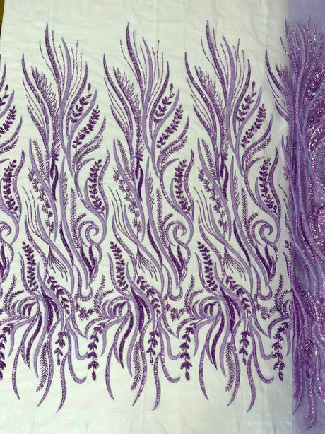 Phoenix Feather Beaded Lace Hand Beaded Lace Fabric - Gold, Hunter Green, Beige, Blush Pink, Ivory, Lavender, Red, Royal Blue, Silver, Black, 54" Width (1 Yard)