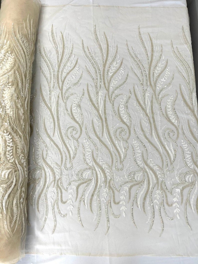 Phoenix Feather Beaded Lace Hand Beaded Lace Fabric - Gold, Hunter Green, Beige, Blush Pink, Ivory, Lavender, Red, Royal Blue, Silver, Black, 54" Width (1 Yard)