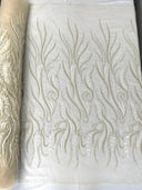 Phoenix Feather Beaded Lace Hand Beaded Lace Fabric - Gold, Hunter Green, Beige, Blush Pink, Ivory, Lavender, Red, Royal Blue, Silver, Black, 54" Width (1 Yard)