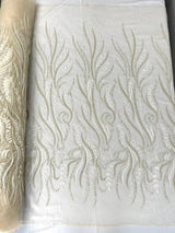 Phoenix Feather Beaded Lace Hand Beaded Lace Fabric - Gold, Hunter Green, Beige, Blush Pink, Ivory, Lavender, Red, Royal Blue, Silver, Black, 54" Width (1 Yard)