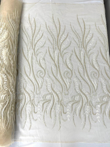 Phoenix Feather Beaded Lace Hand Beaded Lace Fabric - Gold, Hunter Green, Beige, Blush Pink, Ivory, Lavender, Red, Royal Blue, Silver, Black, 54" Width (1 Yard)