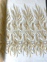 Phoenix Feather Beaded Lace Hand Beaded Lace Fabric - Gold, Hunter Green, Beige, Blush Pink, Ivory, Lavender, Red, Royal Blue, Silver, Black, 54" Width (1 Yard)