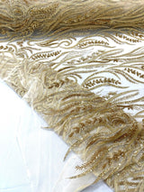 Phoenix Feather Beaded Lace Hand Beaded Lace Fabric - Gold, Hunter Green, Beige, Blush Pink, Ivory, Lavender, Red, Royal Blue, Silver, Black, 54" Width (1 Yard)