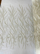 Phoenix Feather Beaded Lace Hand Beaded Lace Fabric - Gold, Hunter Green, Beige, Blush Pink, Ivory, Lavender, Red, Royal Blue, Silver, Black, 54" Width (1 Yard)