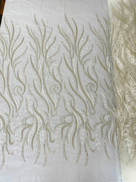 Phoenix Feather Beaded Lace Hand Beaded Lace Fabric - Gold, Hunter Green, Beige, Blush Pink, Ivory, Lavender, Red, Royal Blue, Silver, Black, 54" Width (1 Yard)