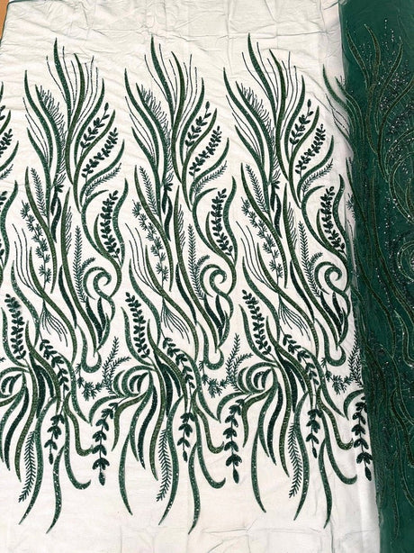 Phoenix Feather Beaded Lace Hand Beaded Lace Fabric - Gold, Hunter Green, Beige, Blush Pink, Ivory, Lavender, Red, Royal Blue, Silver, Black, 54" Width (1 Yard)