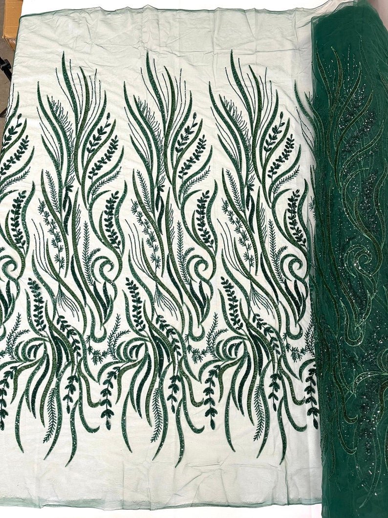 Phoenix Feather Beaded Lace Hand Beaded Lace Fabric - Gold, Hunter Green, Beige, Blush Pink, Ivory, Lavender, Red, Royal Blue, Silver, Black, 54" Width (1 Yard)