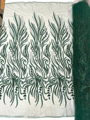 Phoenix Feather Beaded Lace Hand Beaded Lace Fabric - Gold, Hunter Green, Beige, Blush Pink, Ivory, Lavender, Red, Royal Blue, Silver, Black, 54" Width (1 Yard)