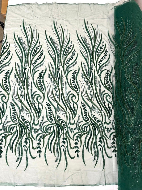 Phoenix Feather Beaded Lace Hand Beaded Lace Fabric - Gold, Hunter Green, Beige, Blush Pink, Ivory, Lavender, Red, Royal Blue, Silver, Black, 54" Width (1 Yard)