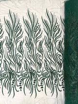 Phoenix Feather Beaded Lace Hand Beaded Lace Fabric - Gold, Hunter Green, Beige, Blush Pink, Ivory, Lavender, Red, Royal Blue, Silver, Black, 54" Width (1 Yard)