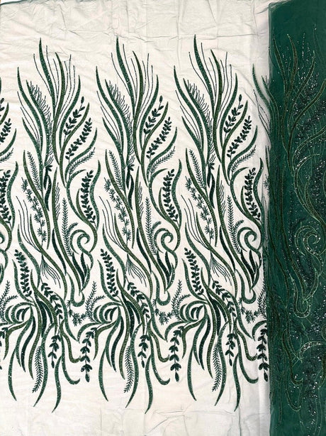 Phoenix Feather Beaded Lace Hand Beaded Lace Fabric - Gold, Hunter Green, Beige, Blush Pink, Ivory, Lavender, Red, Royal Blue, Silver, Black, 54" Width (1 Yard)