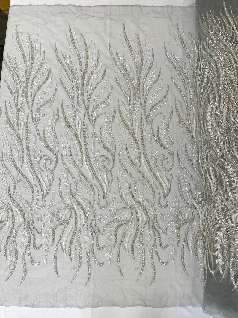 Phoenix Feather Beaded Lace Hand Beaded Lace Fabric - Gold, Hunter Green, Beige, Blush Pink, Ivory, Lavender, Red, Royal Blue, Silver, Black, 54" Width (1 Yard)