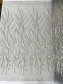 Phoenix Feather Beaded Lace Hand Beaded Lace Fabric - Gold, Hunter Green, Beige, Blush Pink, Ivory, Lavender, Red, Royal Blue, Silver, Black, 54" Width (1 Yard)