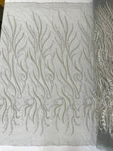 Phoenix Feather Beaded Lace Hand Beaded Lace Fabric - Gold, Hunter Green, Beige, Blush Pink, Ivory, Lavender, Red, Royal Blue, Silver, Black, 54" Width (1 Yard)
