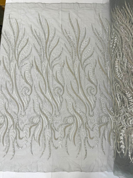 Phoenix Feather Beaded Lace Hand Beaded Lace Fabric - Gold, Hunter Green, Beige, Blush Pink, Ivory, Lavender, Red, Royal Blue, Silver, Black, 54" Width (1 Yard)