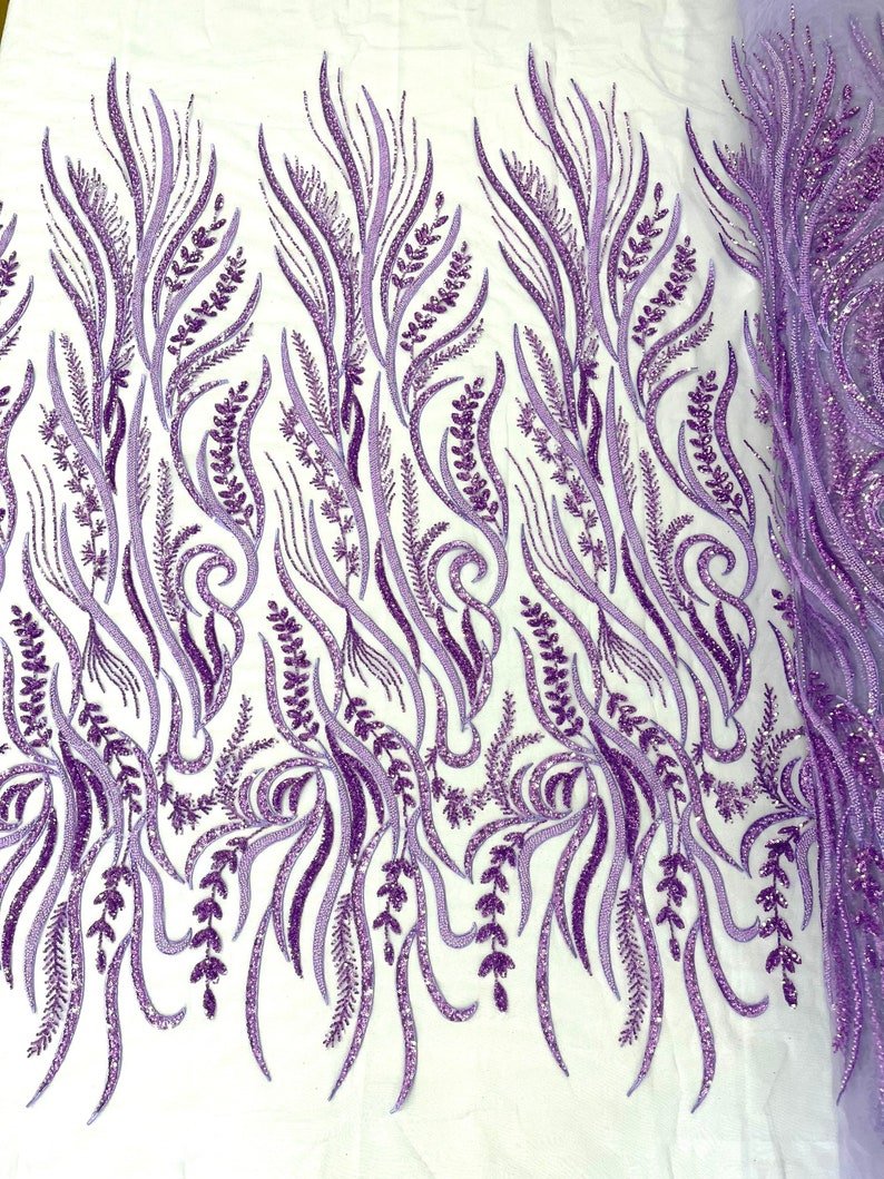 Phoenix Feather Beaded Lace Hand Beaded Lace Fabric - Gold, Hunter Green, Beige, Blush Pink, Ivory, Lavender, Red, Royal Blue, Silver, Black, 54" Width (1 Yard)