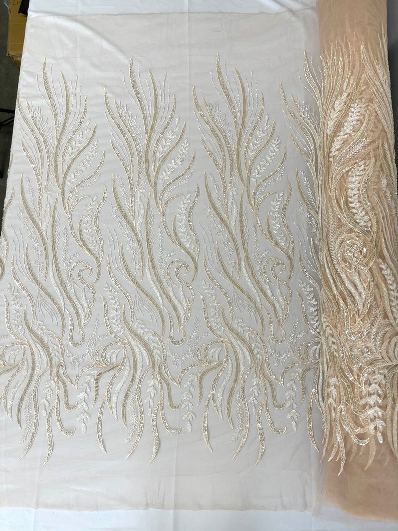 Phoenix Feather Beaded Lace Hand Beaded Lace Fabric - Gold, Hunter Green, Beige, Blush Pink, Ivory, Lavender, Red, Royal Blue, Silver, Black, 54" Width (1 Yard)