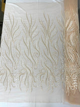 Phoenix Feather Beaded Lace Hand Beaded Lace Fabric - Gold, Hunter Green, Beige, Blush Pink, Ivory, Lavender, Red, Royal Blue, Silver, Black, 54" Width (1 Yard)
