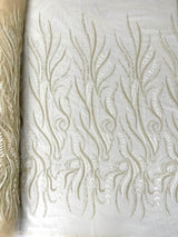 Phoenix Feather Beaded Lace Hand Beaded Lace Fabric - Gold, Hunter Green, Beige, Blush Pink, Ivory, Lavender, Red, Royal Blue, Silver, Black, 54" Width (1 Yard)