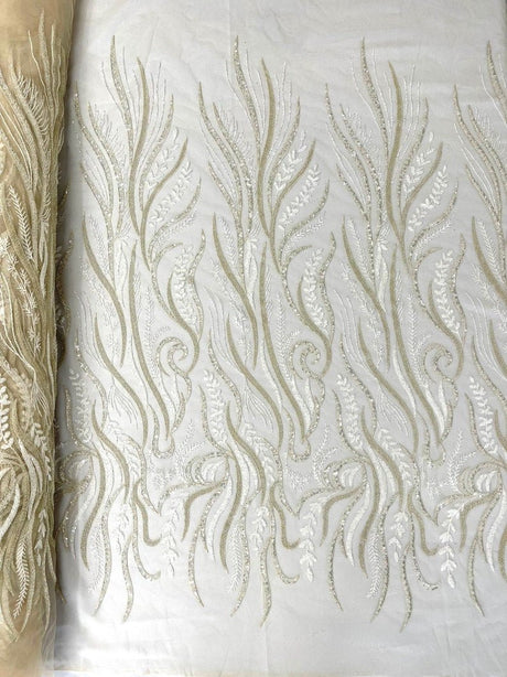 Phoenix Feather Beaded Lace Hand Beaded Lace Fabric - Gold, Hunter Green, Beige, Blush Pink, Ivory, Lavender, Red, Royal Blue, Silver, Black, 54" Width (1 Yard)