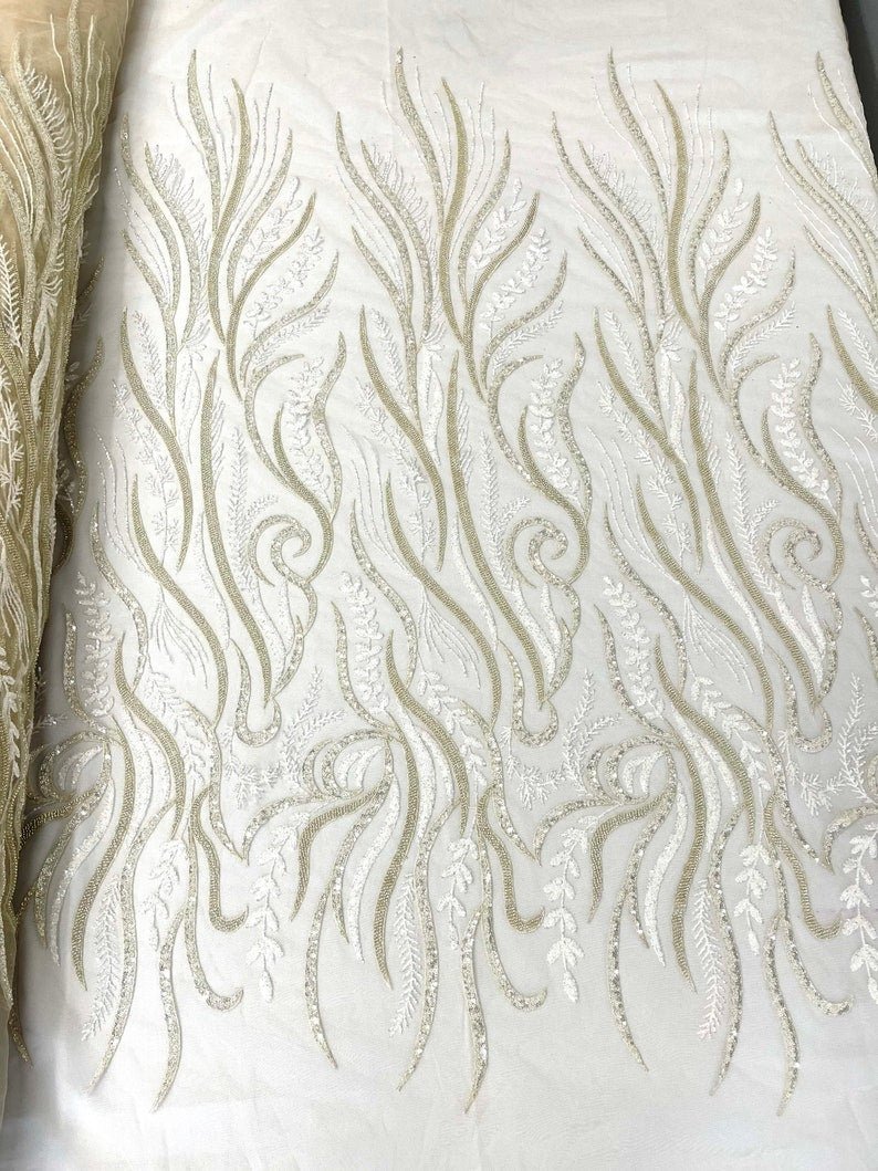 Phoenix Feather Beaded Lace Hand Beaded Lace Fabric - Gold, Hunter Green, Beige, Blush Pink, Ivory, Lavender, Red, Royal Blue, Silver, Black, 54" Width (1 Yard)