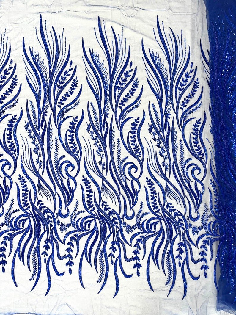 Phoenix Feather Beaded Lace Hand Beaded Lace Fabric - Gold, Hunter Green, Beige, Blush Pink, Ivory, Lavender, Red, Royal Blue, Silver, Black, 54" Width (1 Yard)
