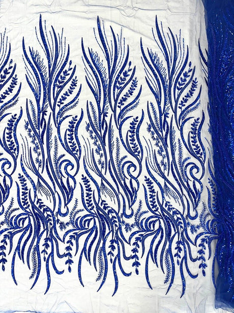 Phoenix Feather Beaded Lace Hand Beaded Lace Fabric - Gold, Hunter Green, Beige, Blush Pink, Ivory, Lavender, Red, Royal Blue, Silver, Black, 54" Width (1 Yard)