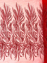 Phoenix Feather Beaded Lace Hand Beaded Lace Fabric - Gold, Hunter Green, Beige, Blush Pink, Ivory, Lavender, Red, Royal Blue, Silver, Black, 54" Width (1 Yard)