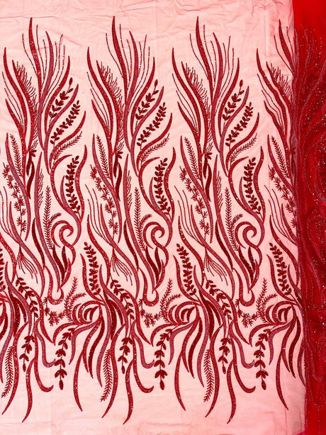 Phoenix Feather Beaded Lace Hand Beaded Lace Fabric - Gold, Hunter Green, Beige, Blush Pink, Ivory, Lavender, Red, Royal Blue, Silver, Black, 54" Width (1 Yard)