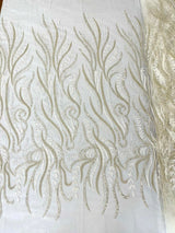 Phoenix Feather Beaded Lace Hand Beaded Lace Fabric - Gold, Hunter Green, Beige, Blush Pink, Ivory, Lavender, Red, Royal Blue, Silver, Black, 54" Width (1 Yard)
