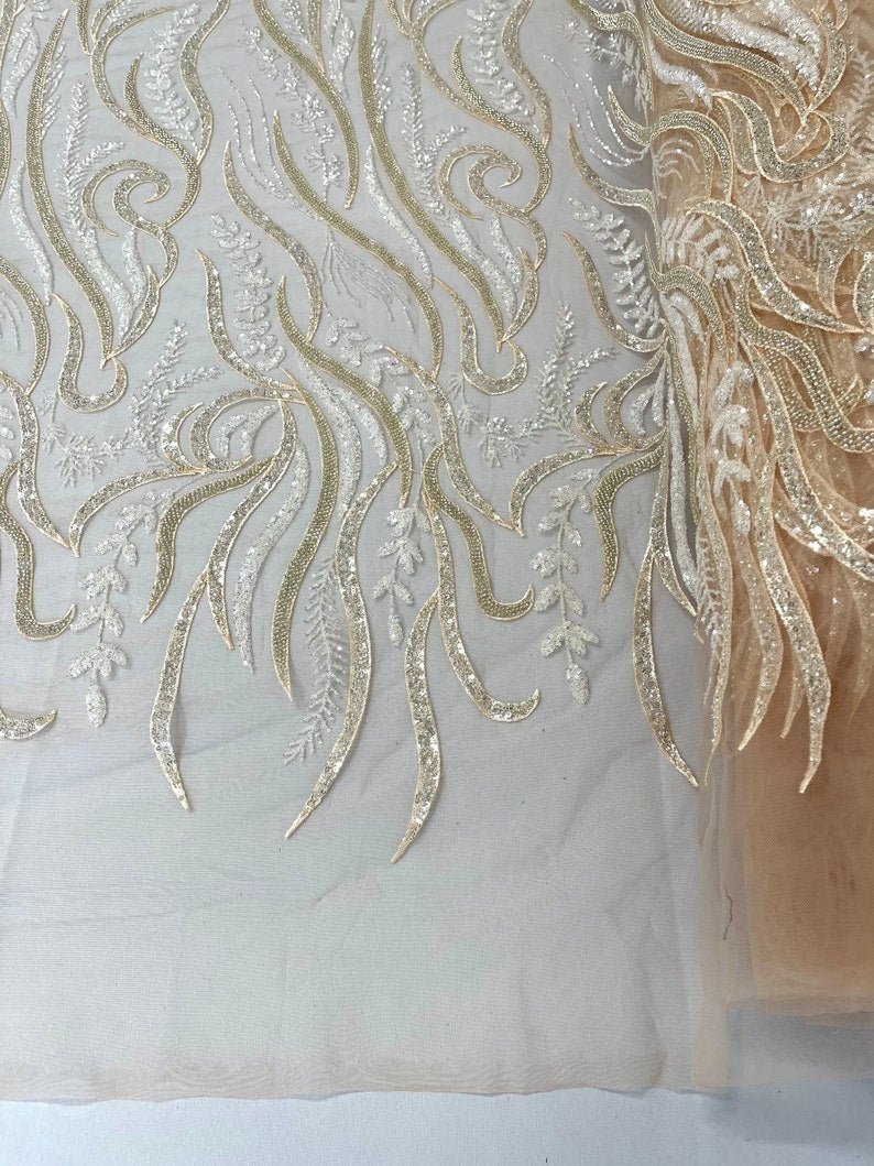Phoenix Feather Beaded Lace Hand Beaded Lace Fabric - Gold, Hunter Green, Beige, Blush Pink, Ivory, Lavender, Red, Royal Blue, Silver, Black, 54" Width (1 Yard)