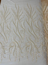 Phoenix Feather Beaded Lace Hand Beaded Lace Fabric - Gold, Hunter Green, Beige, Blush Pink, Ivory, Lavender, Red, Royal Blue, Silver, Black, 54" Width (1 Yard)