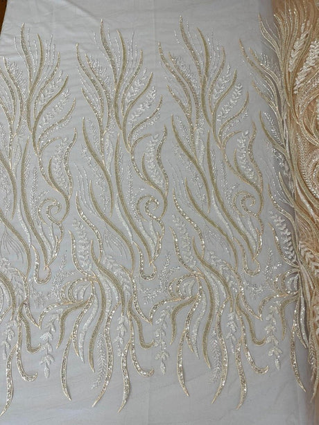 Phoenix Feather Beaded Lace Hand Beaded Lace Fabric - Gold, Hunter Green, Beige, Blush Pink, Ivory, Lavender, Red, Royal Blue, Silver, Black, 54" Width (1 Yard)