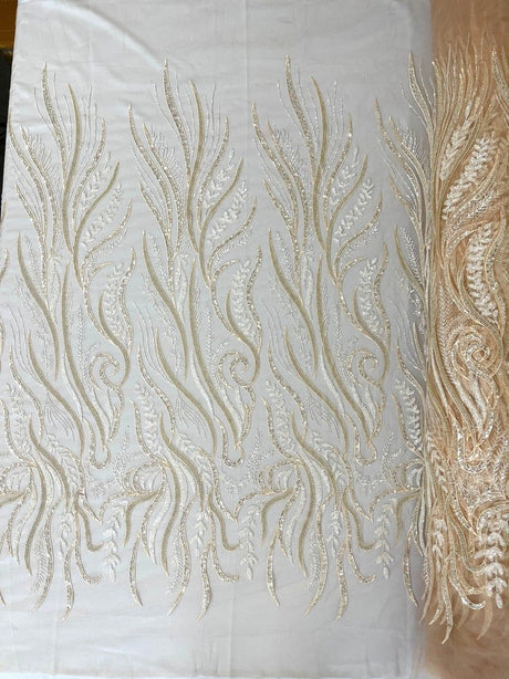 Phoenix Feather Beaded Lace Hand Beaded Lace Fabric - Gold, Hunter Green, Beige, Blush Pink, Ivory, Lavender, Red, Royal Blue, Silver, Black, 54" Width (1 Yard)
