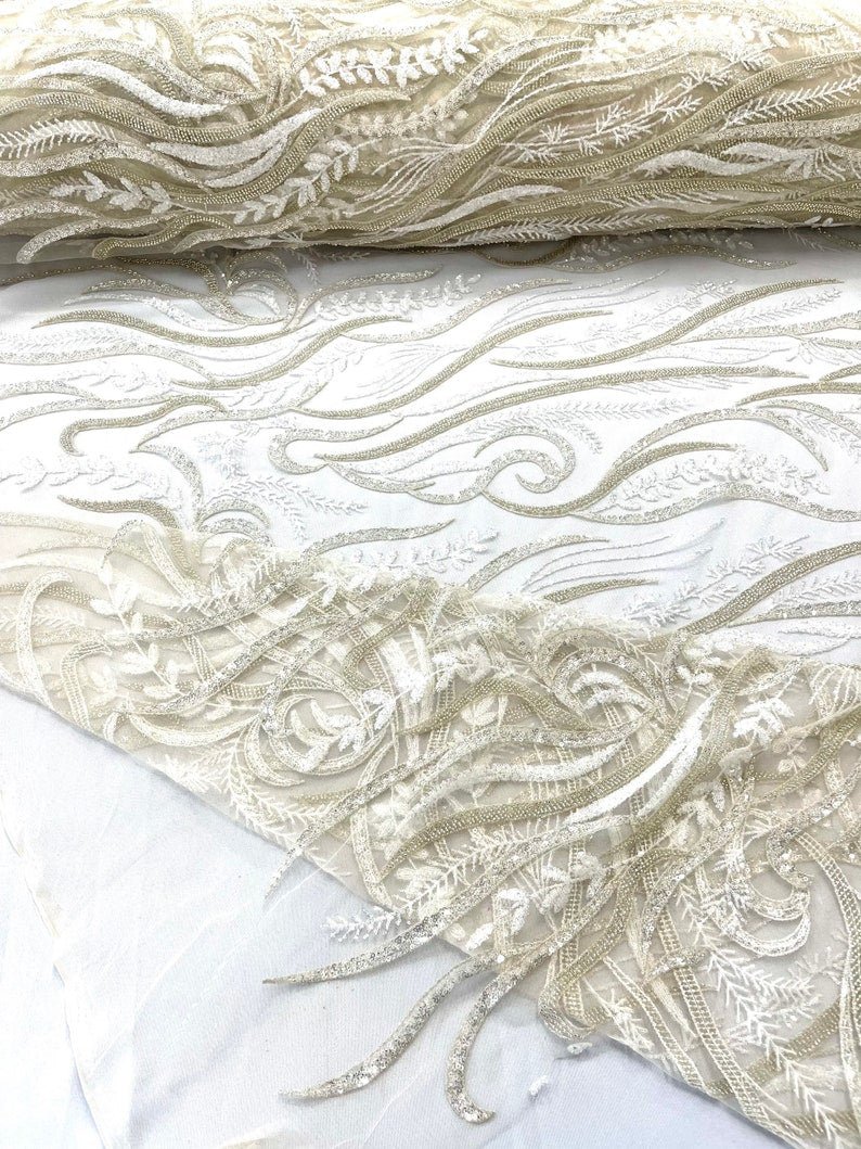 Phoenix Feather Beaded Lace Hand Beaded Lace Fabric - Gold, Hunter Green, Beige, Blush Pink, Ivory, Lavender, Red, Royal Blue, Silver, Black, 54" Width (1 Yard)