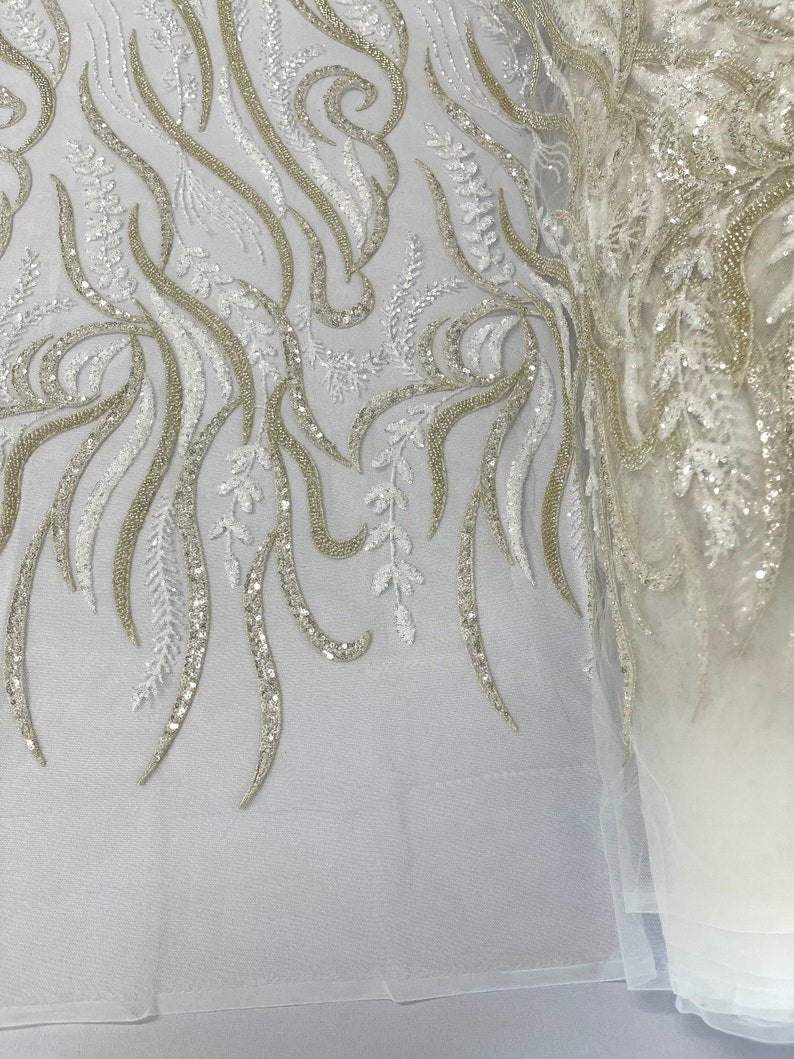 Phoenix Feather Beaded Lace Hand Beaded Lace Fabric - Gold, Hunter Green, Beige, Blush Pink, Ivory, Lavender, Red, Royal Blue, Silver, Black, 54" Width (1 Yard)