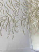 Phoenix Feather Beaded Lace Hand Beaded Lace Fabric - Gold, Hunter Green, Beige, Blush Pink, Ivory, Lavender, Red, Royal Blue, Silver, Black, 54" Width (1 Yard)