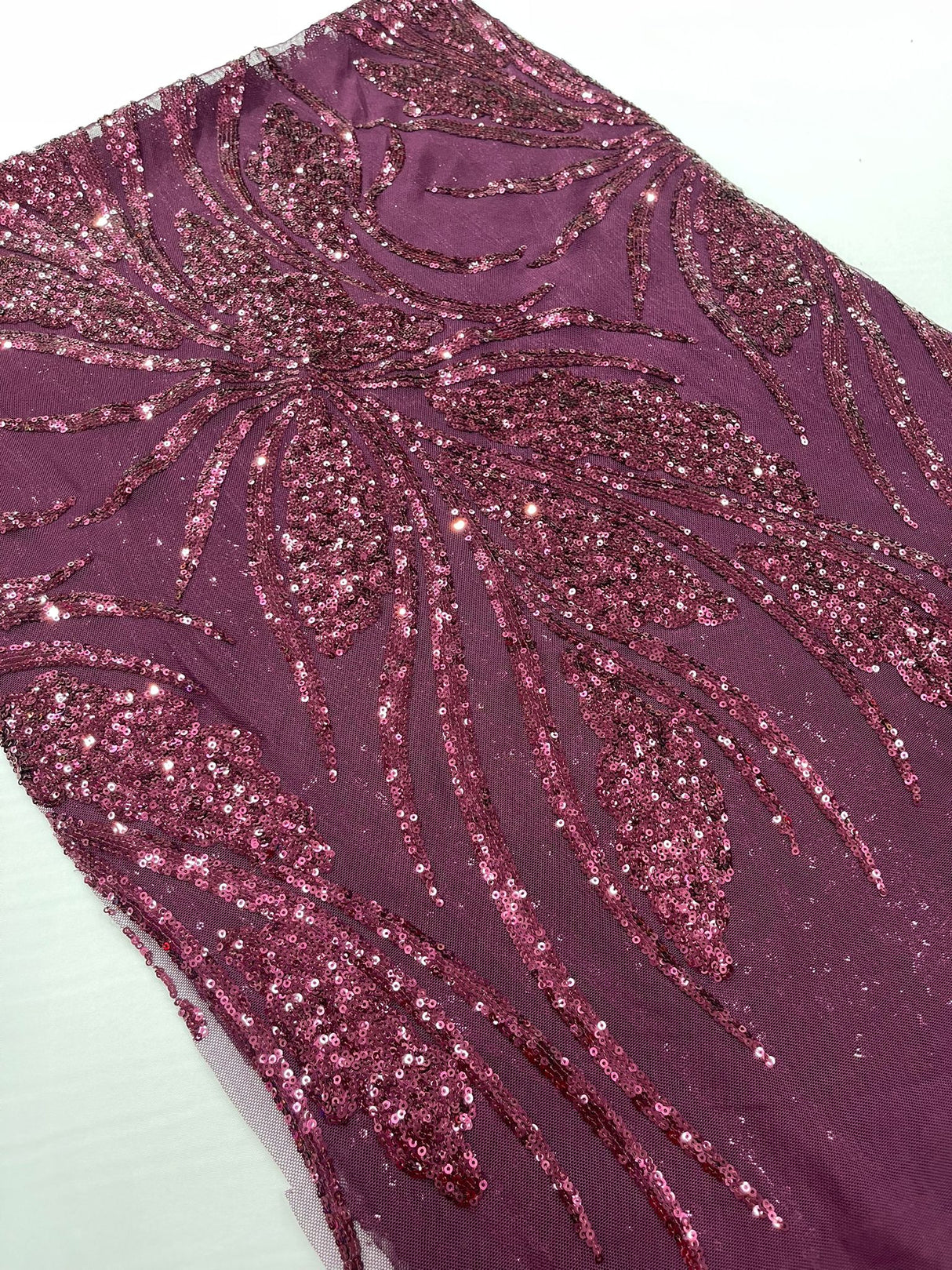 Feather Damask Shiny Sequin Design 4-Way Stretch Mesh Fabric - Damask Pattern, 54" Width (1 Yard)